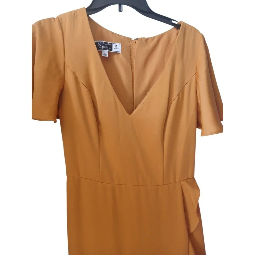 DB Studio Celebrate Mustard Midi Dress Size 4 Ruffle Hem V-Neck Elegant Dress